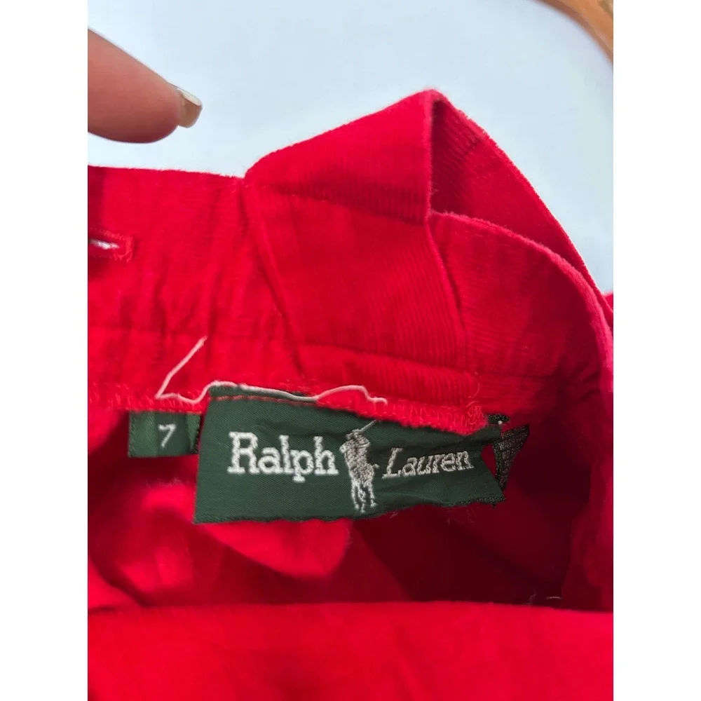 Ralph Lauren Girls Red Corduroy Pinafore Jumper Dress Size 7 Vintage Pockets
